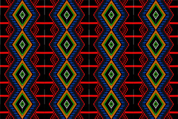 Ethnic fabric seamless pattern red blue orange green black 