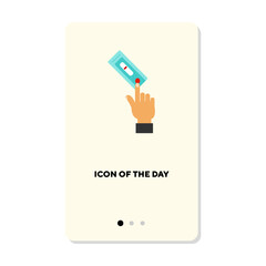 Hand of patient giving blood for test flat icon. Vertical sign or vector illustration of blood test for diagnosis, treatment or therapy. Medicine, treatment, health concept for web design and apps