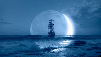 Gordijnen Sailing old ship in a storm sea with crescent moon stormy clouds in the background  © muratart