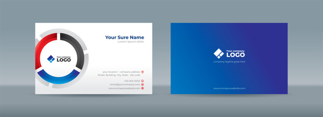 Set of double sided business card templates with Glass curves in black, blue and red colors form a circle on a white background