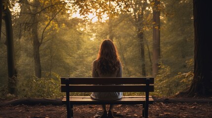 Lonely girl sitting on a bench in the forest. AI generative.