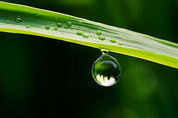 close up drop on green leaf. Environment nature concept. fresh morning.