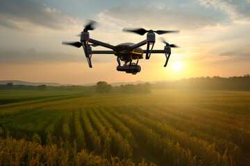 Fototapeta na wymiar drone flying on corn plantation field at sunrise background. Digital technology smart farm concept.