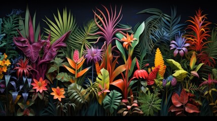 Many brightly colored tropical plants are on a black wall. AI generative.