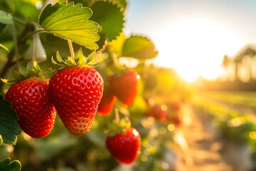 close up strawberry in the garden. field of strawberries at sunrise background with copy space for text.