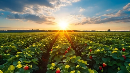 field of strawberries at sunrise background.