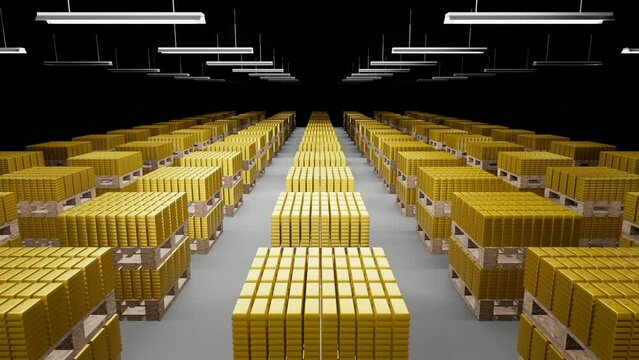 4K vault gold brick multi-angle 3D rendering animation
