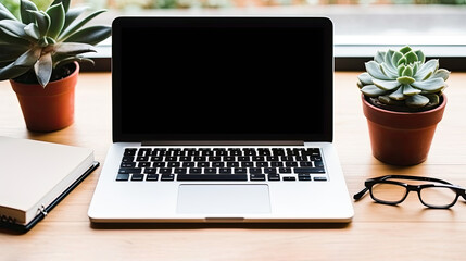 Fototapeta premium Illustration of a workspace with a laptop on a wooden desk in a minimalist style. For banners, covers and other projects about working in the office.