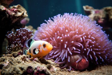 Naklejka na ściany i meble anemonefish and sea anemone symbiotic relationship in focus
