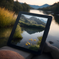 tablet in the nature, lake