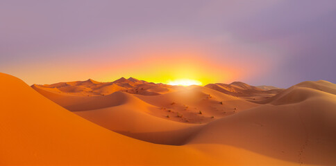 Sand dunes in the Sahara Desert at amazing sunrise, Merzouga, Morocco - Orange dunes in the desert of Morocco - Sahara desert, Morocco - obrazy, fototapety, plakaty