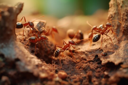 close-up of ants tunneling through soil in colony