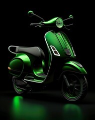 A green vespa scooter with dark background