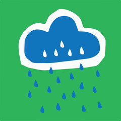 Childish vector illustration. Cloudy and rain. Green background