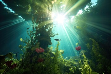 Obraz premium underwater view of sunlight piercing through plants