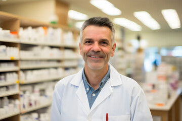 portrait of male pharmacist smiling wearing white coat in chemist shop