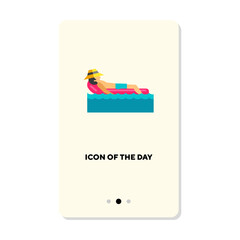 Side view of man sunbathing on inflatable mattress flat icon. Vertical sign or vector illustration of isolated beach travel element. Summer vacation, traveling concept for web design and apps