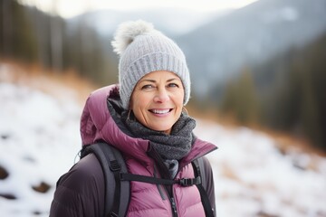 Fototapeta na wymiar image of happy mature senior woman on hiking in winter