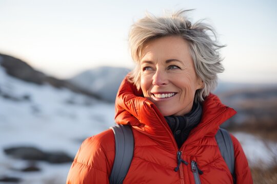 image of happy mature senior woman on hiking in winter