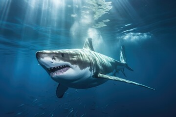 underwater shot of great white shark approaching camera