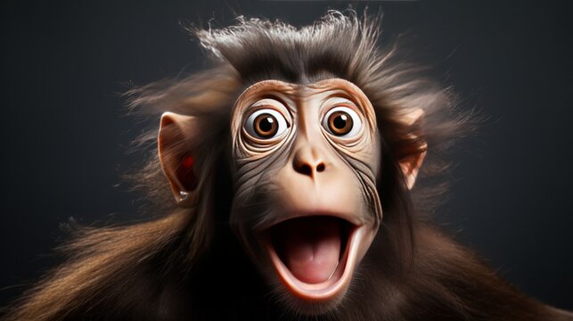 Studio portrait of a funny monkey with a surprised face. AI generative.