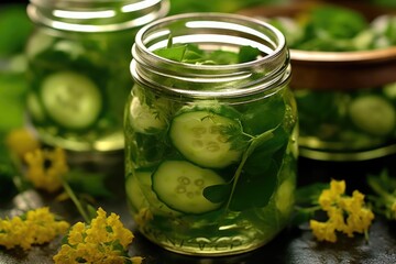 close-up of preserved cucumbers in mason jar