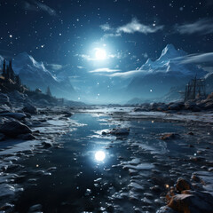 A silver snowfield was sparkling in the moonlight
