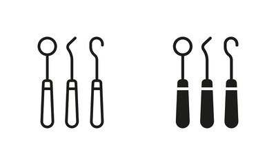 Dental Instruments Silhouette and Line Icon Set. Dentistry Professional Equipment Pictogram Collection. Stomatology Sign. Dentists Tools for Tooth Medical Care Symbol. Isolated Vector Illustration