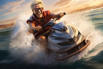 Illustration of mature senior male on jet ski - obrazy, fototapety, plakaty