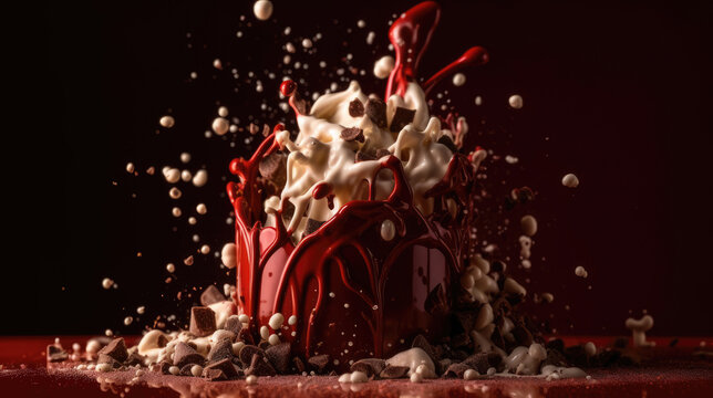 Beautiful abstract milk and chocolate explosion on red background