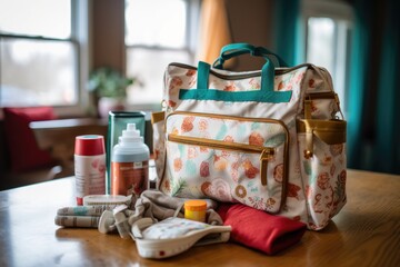 diaper bag with essentials on a table