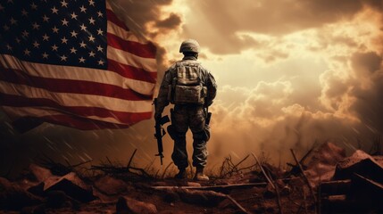 US soldier standing with USA flag on battlefield. AI generative.