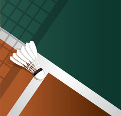 Shuttlecock on white line on green background badminton court indoor badminton sports wallpaper with copy space , illustration Vector EPS 10. Background for poster. Olympic games. - obrazy, fototapety, plakaty
