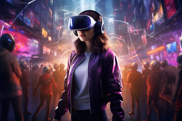 Woman with a virtual reality headset interacting, illustration for metaverse and gaming in a digital world