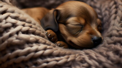 cute baby dachshund puppy asleep snuggled in brown blanket 