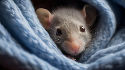 cute furry baby rat snuggled in blue blanket 