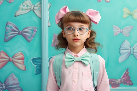 A young girl wearing a pastel bow tie and glasses stands in a school hallway, her clothing accentuated by a butterfly on the wall behind her