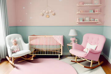 baby nursery room with crib, rocking chair, photo shelf and ornaments