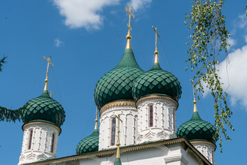 Fototapeta na wymiar Yaroslavl, Russia, July 4, 2023. View of the upper part of the Church of Elijah the Prophet against the sky.