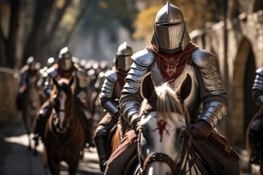 Training regimen of Knights Templar, from combat drills to horsemanship, highlighting their skills and discipline. Generative Ai