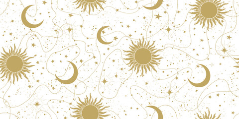 Seamless sky background with golden stars, sun and moon on a white background. Astrology banner, pattern for tarot, boho ornament for zodiac. Flat esoteric vector illustration.