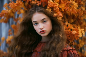 Obraz na płótnie Canvas Close up portrait of beautiful young woman in autumn park. Feminine fall season boho fashion. Natural beauty concept.