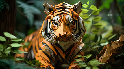 Fototapeta na wymiar origami tiger, creative art, paper folding art reflect nature conservation,Generative AI.