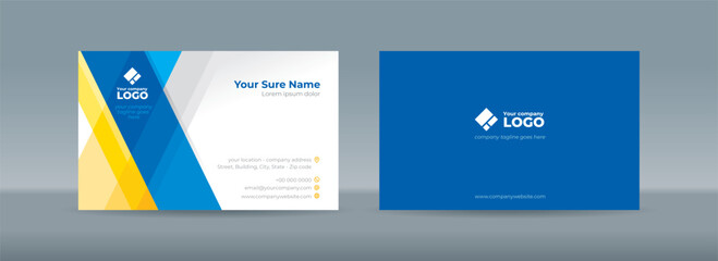 Double sided business card template with intersecting yellow blue transparent rectangles