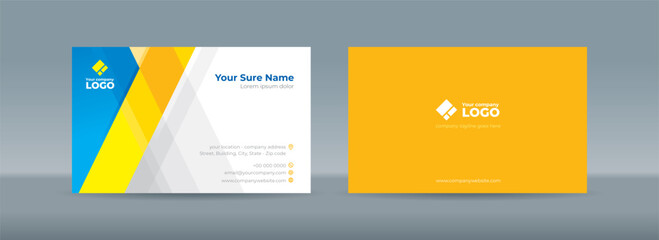 Double sided business card template with intersecting yellow blue transparent rectangles