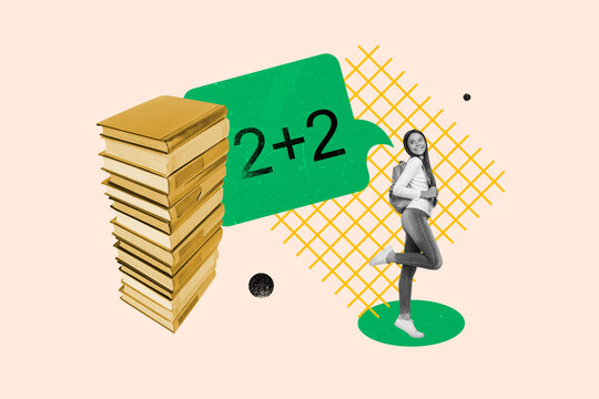 Artwork collage of positive mini black white colors girl think mind bubble counting numbers big pile stack book isolated on beige background