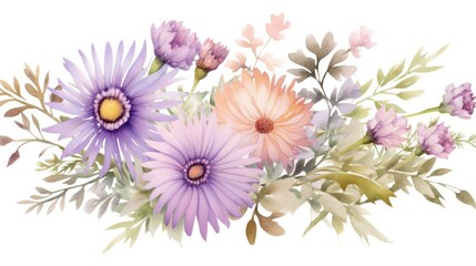 Chrysanthemum, aster fall floral bouquet. Chrysanthemums, asters fall flowers background. Autumn AI watercolor illustration.