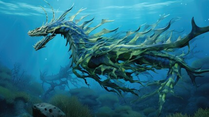 Fototapeta na wymiar Sea dragon with glowing eyes. Head of Fantasy Monster in blue water. Creature in the ocean. Fairy tale beast. AI illustration.