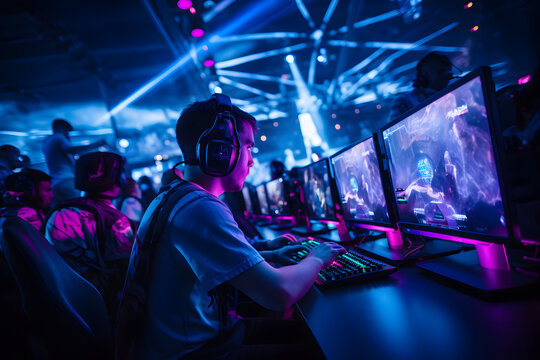 eSports and Gaming, gamers at an esport tournament in an arena