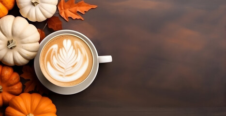 Autumn pumpkin spiced latte, composition of a coffee mug and pumpkins, copy space - obrazy, fototapety, plakaty